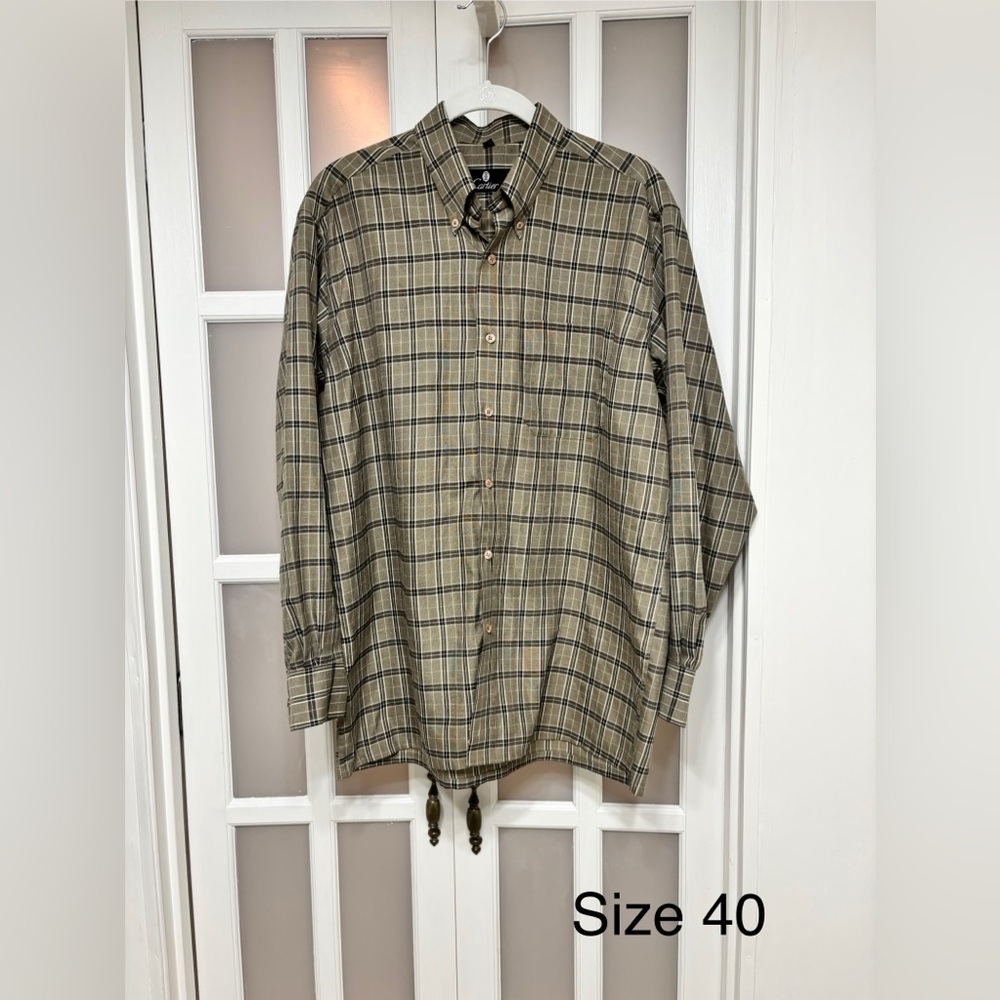 Cartier Men’s Plaid Button-Up Shirt Size 40 Beige Black Check Long Sleeve Luxury